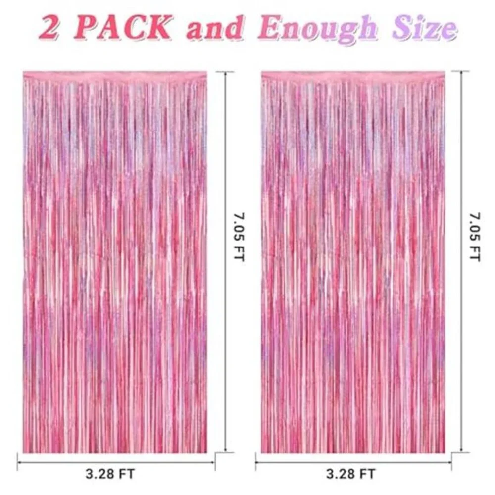 2PC Glitter Pink Tinsel Fringe Curtain PET 3.28x7ft Party Backdrop Decor